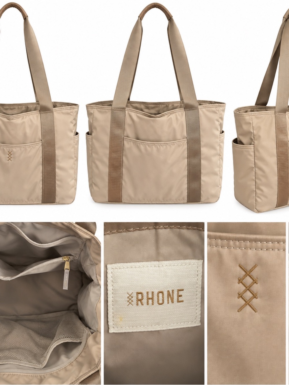 Rhone Beige Nylon Tote Bag Large Multi-Pocket Work Gym Travel Bag